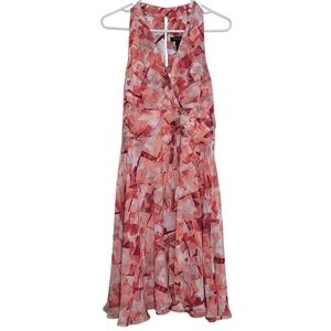 White House Black Market Womens Coral Watercolor Floral Midi Dress Sz 8 Halter